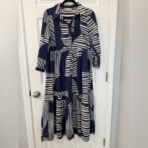 Women’s Zara Blue / White Cotton Long Sleeve Button Front Maxi Dress Size Medium